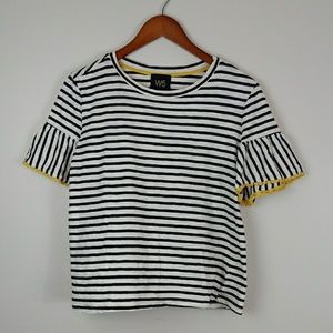 Anthropologie Black & White slub stripe top with yellow Pom poms